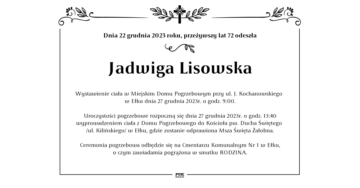 Jadwiga Lisowska nekrolog i kondolencje Zakład Usług Pogrzebowych